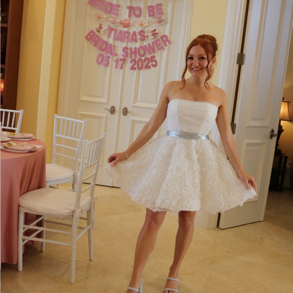 Untamed Petals - White Strapless Dress with Blue Ribbon
